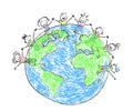 Various children and planet Earth on a white background. Children`s drawing.